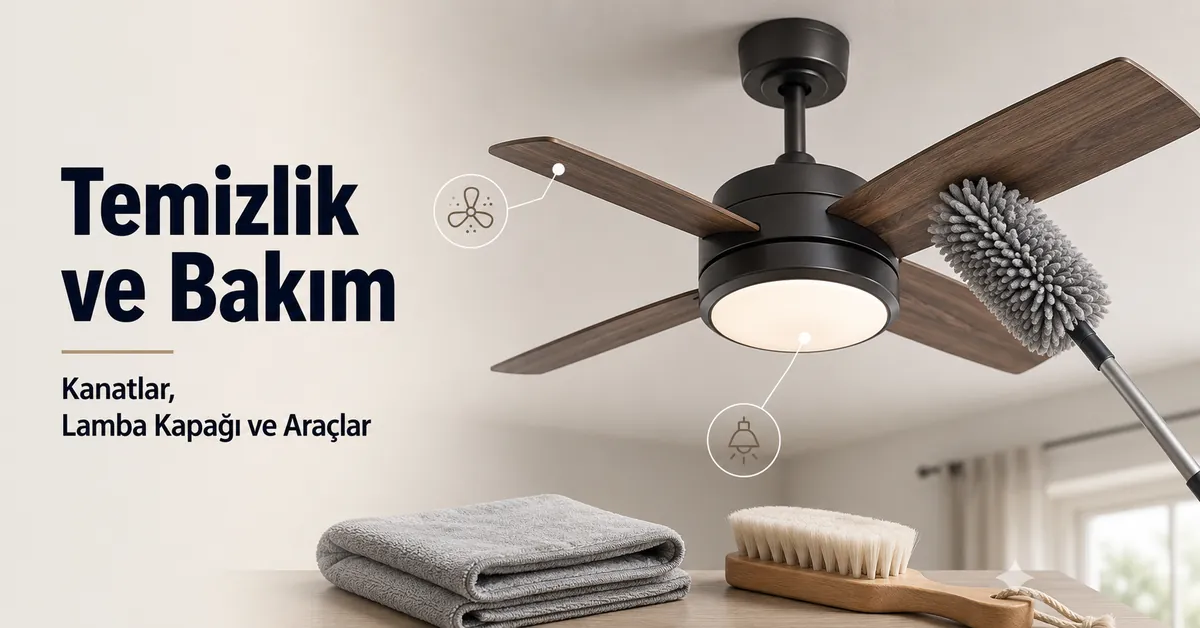 Toz alma aparatı ve lamba kapağı bakım araçlarıyla ışıklı tavan vantilatörünün temizliği ve bakımı